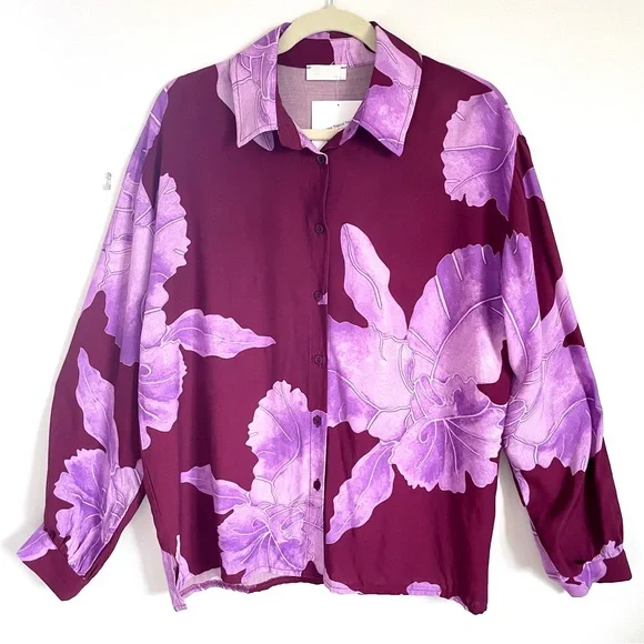 Q2 Whitney Tropical Oversized Floral Button Up Blouse Top In Fuchsia Siz… - Picture 4 of 15